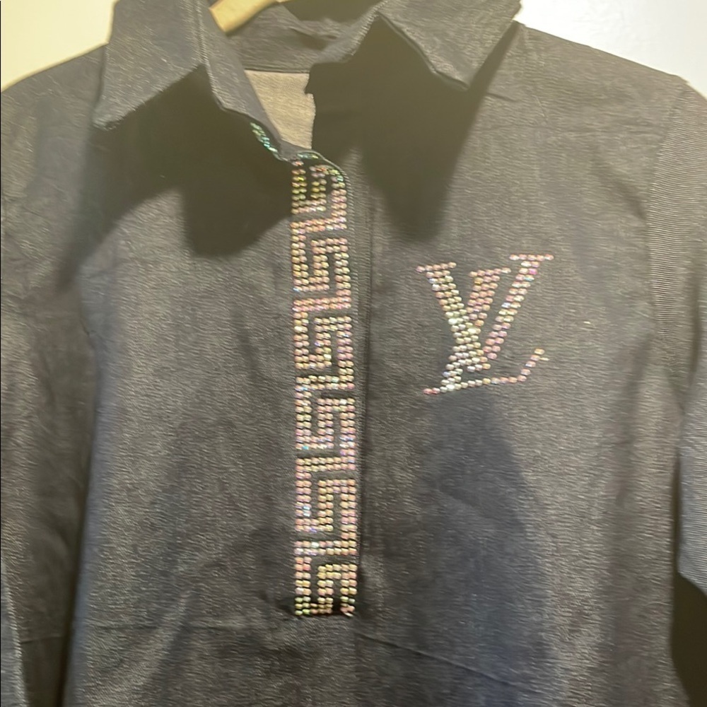 Navy Blue Tunic Designer Inspired Dress with Silver Accents - Picture 2 of 12